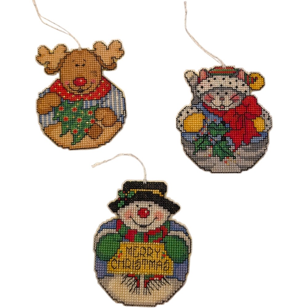 Handmade VTG Cross Stitch Christmas Ornaments Set of 3 Snowman‎ Reindeer Mouse